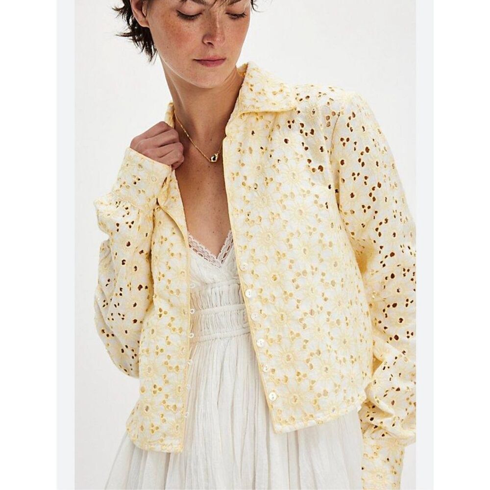 Free people Women's long sleeved button up yellow cotton cropped tops Sz L, NWT